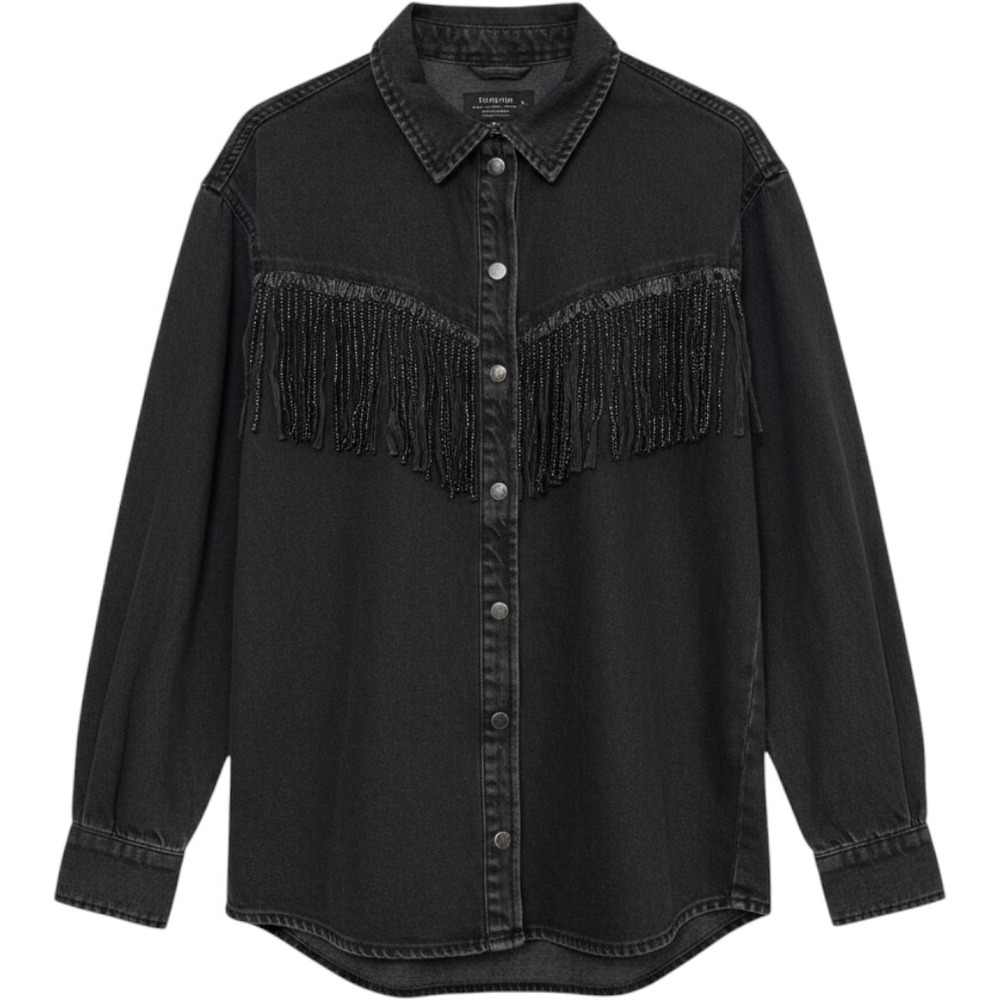 Bershka Women Denim Fringe Jacket M-L Black Rhinestone Western Boho Button Down